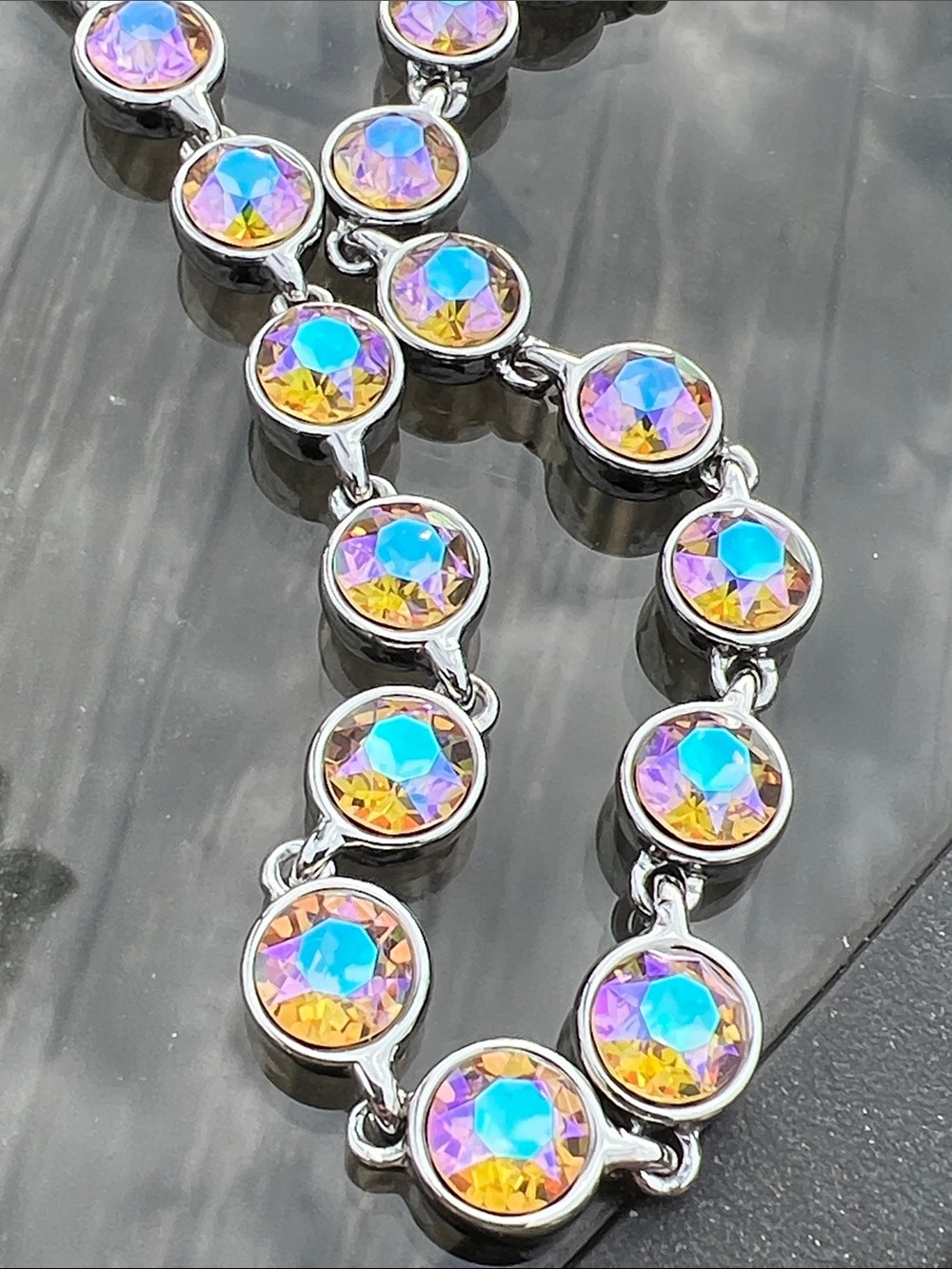Chico's Iridescent Multi-Color Crystal Silver Necklace